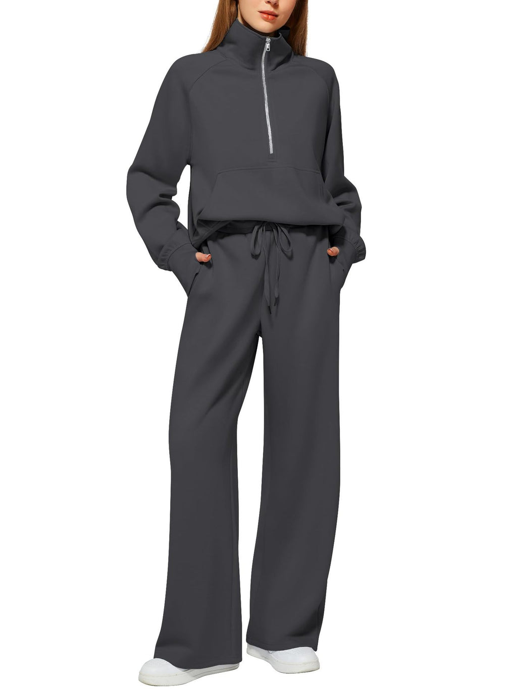 Woman Solid Color Half Zip Long Sleeve Sweatshirt And Wide Leg Pants Set Casual Sporty Two Piece Outfit Women's Suit